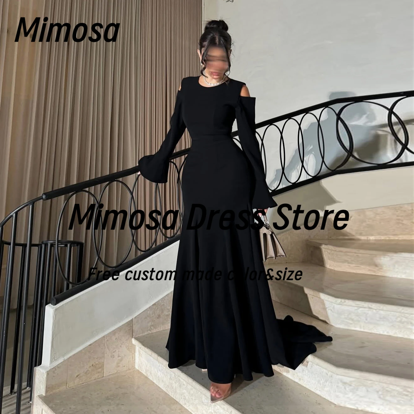 

Mimosa Saudi Women Evening Dresses O-Neck Long Sleeves Zipper Back Wedding Party Prom Dress Customized