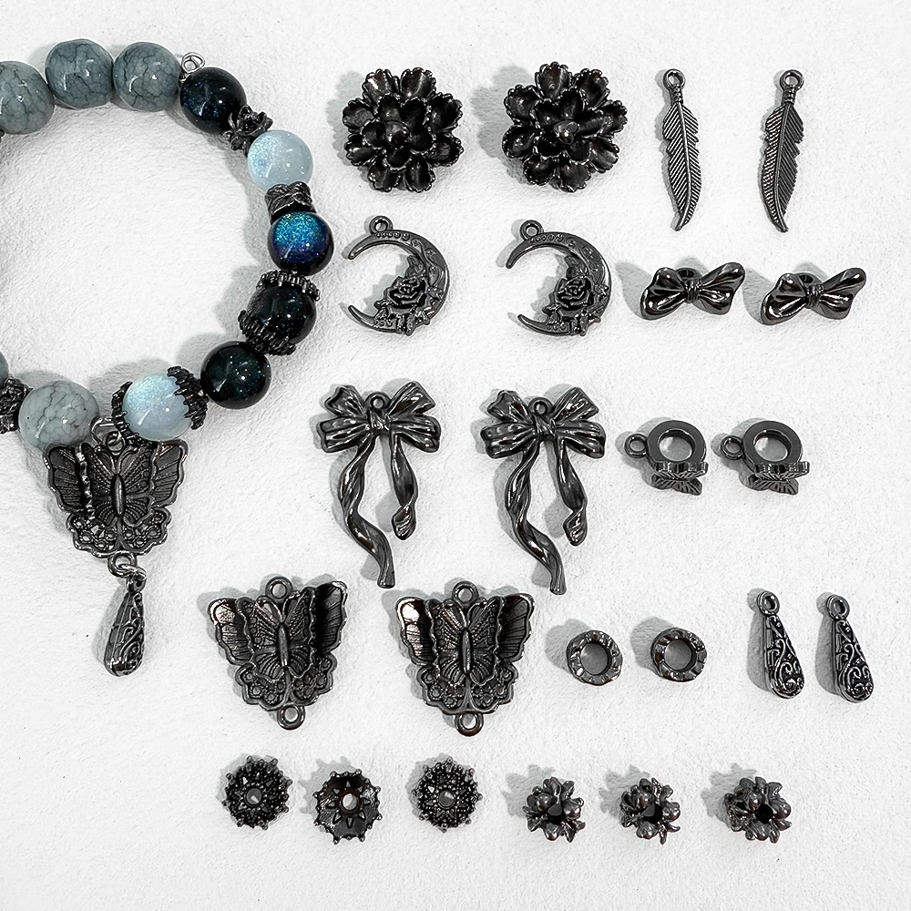 

5pcs Gun Black Butterfly Feather Moon Flower Holder Spacers Alloy Jewelry Making Material DIY Beaded Bracelet Necklace Component