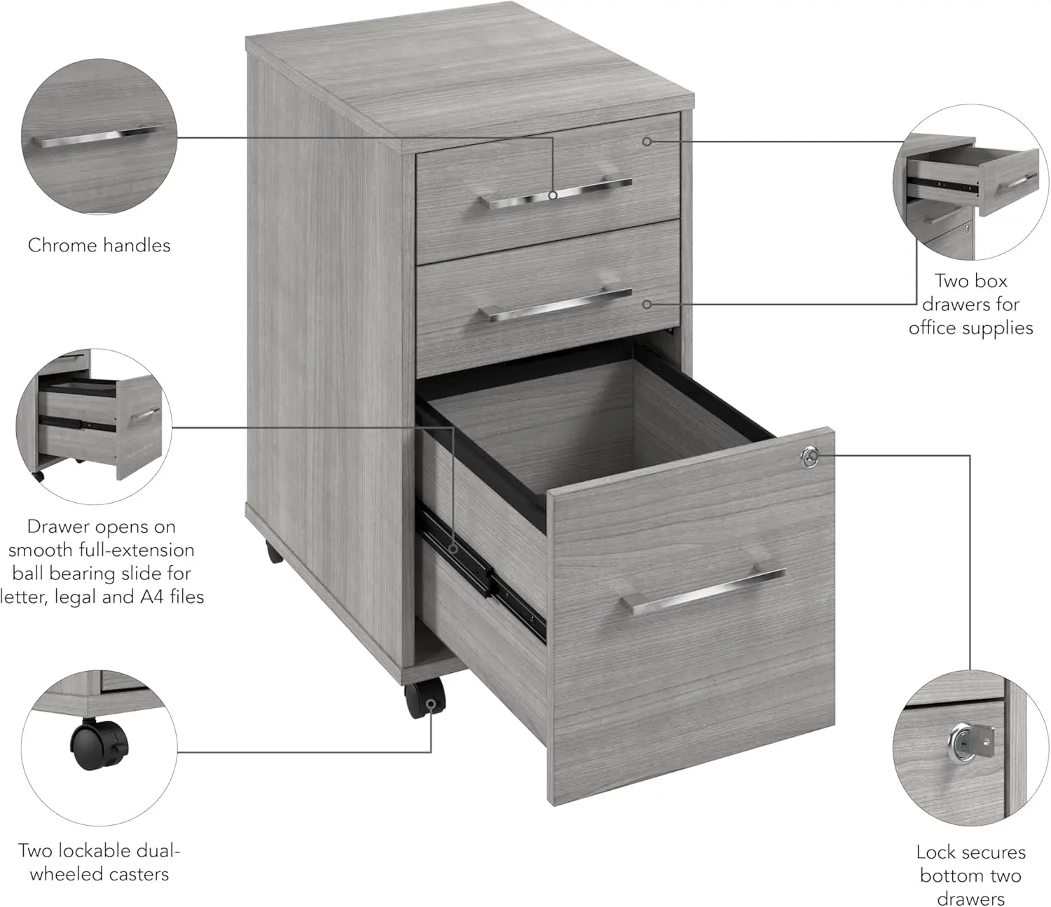 Rolling File Cabinet para casa e escritório profissional, Hustle 3 gaveta, armazenamento de documentos móvel, cinza