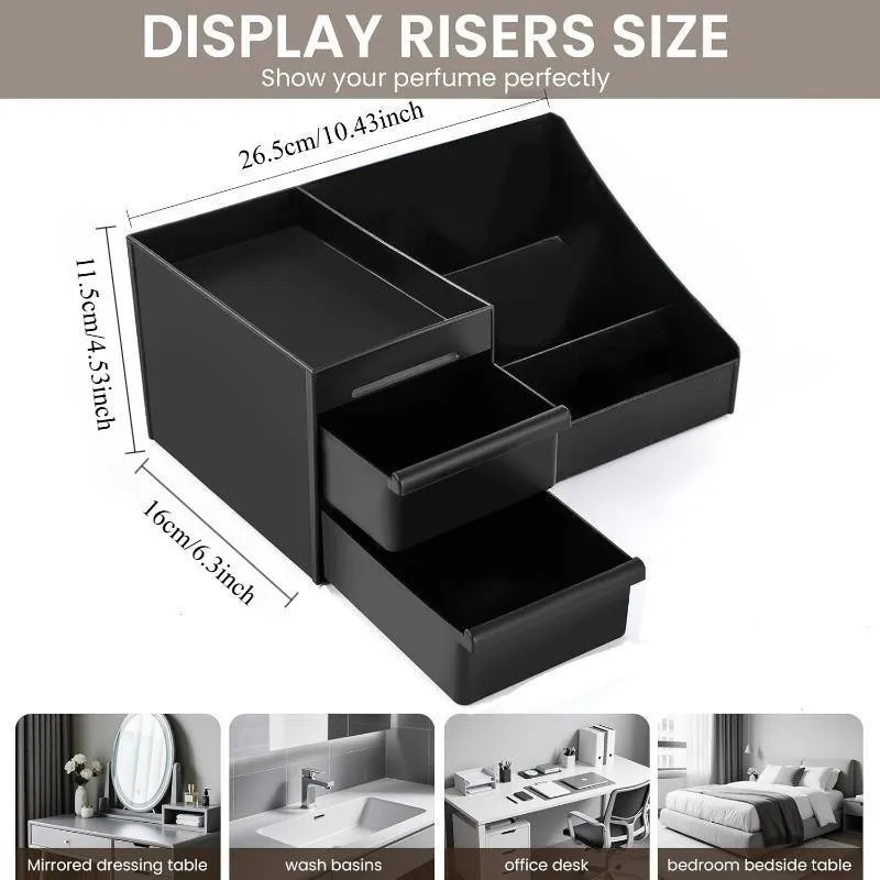 Black Skincare Organizer with Drawers Large Capacity Vanity Countertop Cosmetic Storage Box Multi Compartment Perfume Toiletry Bathroom Desktop Makeup Caddy