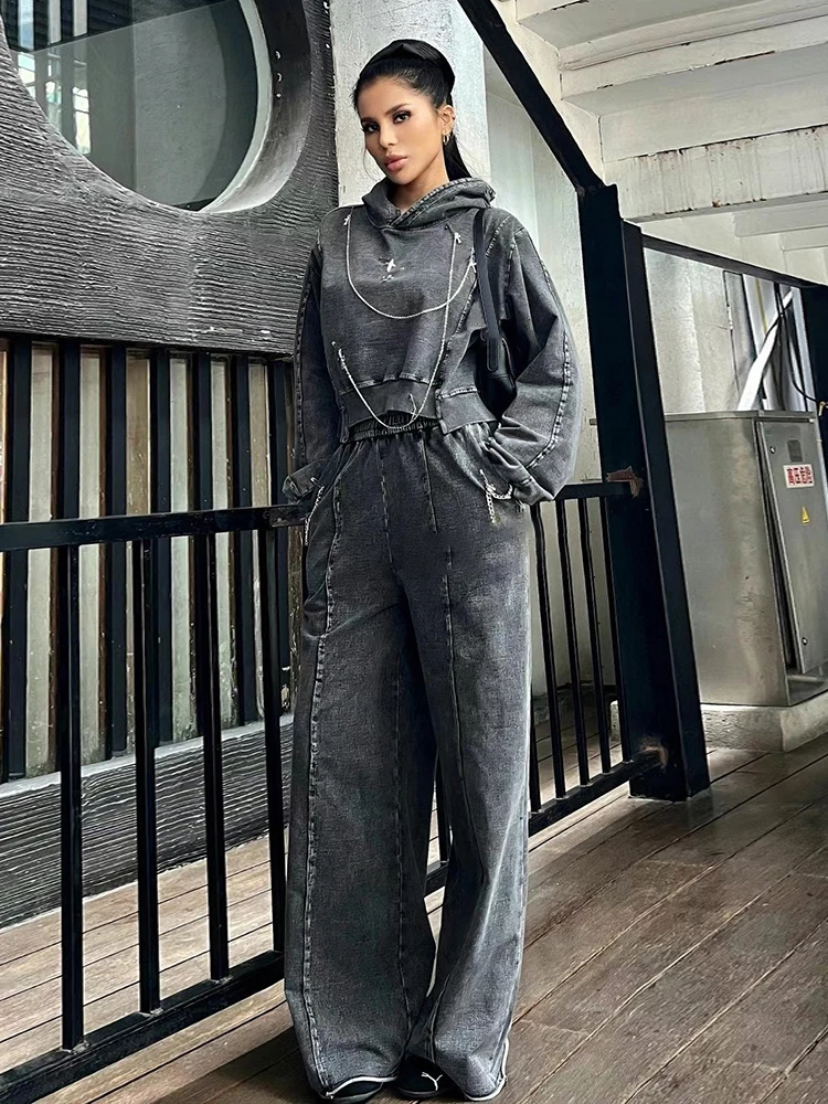 TWOTWINSTYLE Chic Two Piece Set For Women Hooded Long Sleeve  Top High Waist Wide Leg Pant Streetwear Sets Female Fashion New