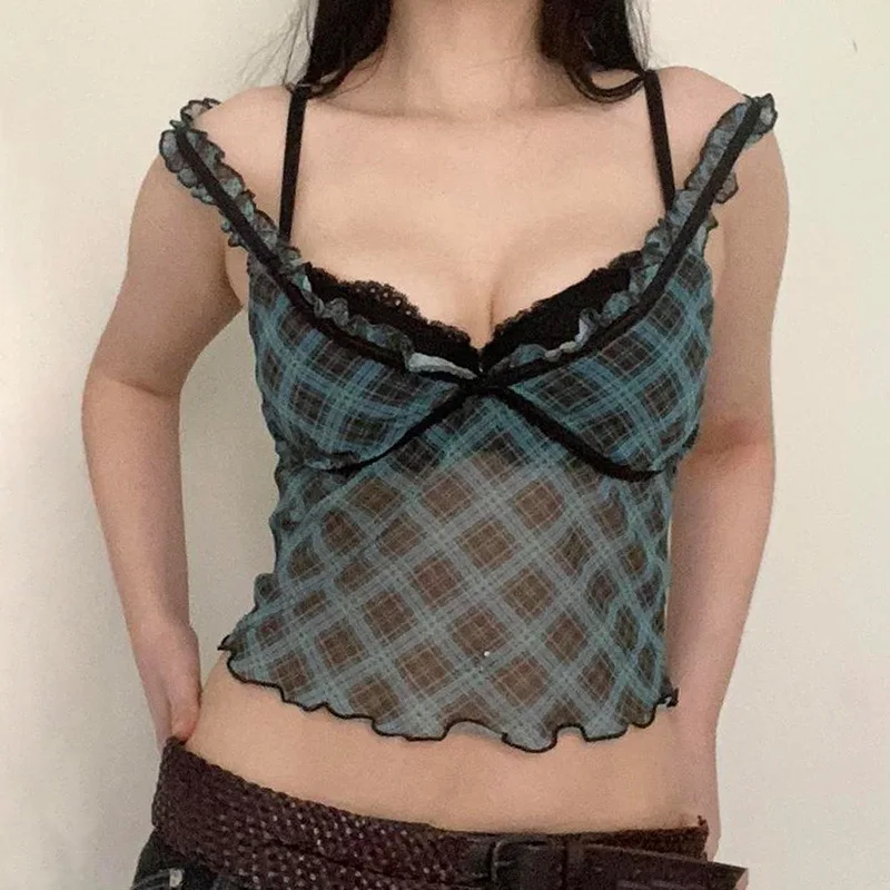 

American Pure Desire Style Pattern Printed Fake Two Piece Mesh Strap Sexy Perspective Thin Tank Top Summer Fashion Women's Wear