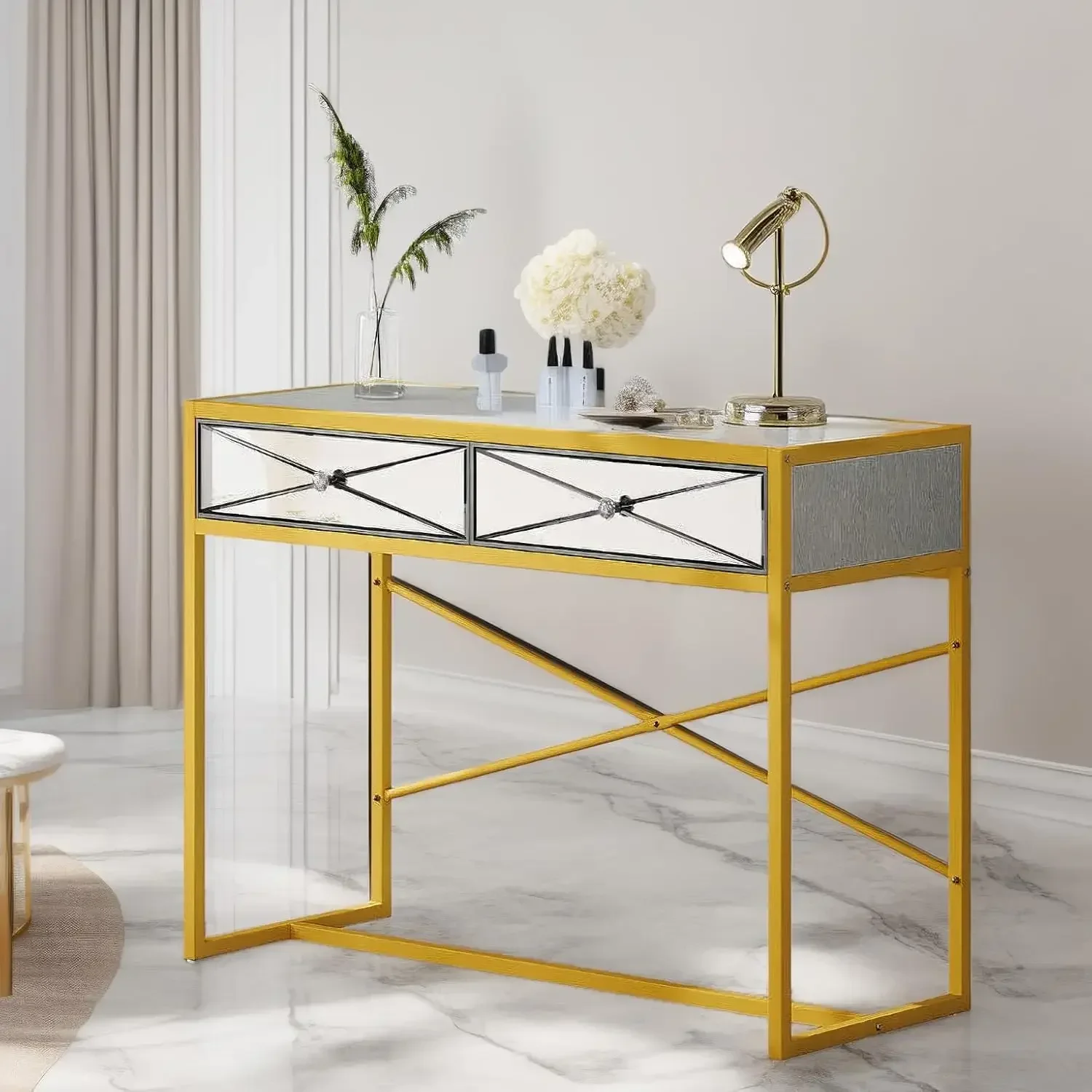 Manicure Table, Nail Desk for Nail Tech, Modern Mirror Manicure Desk with 2 Drawers, Acetone Resistant Nail Table Stati