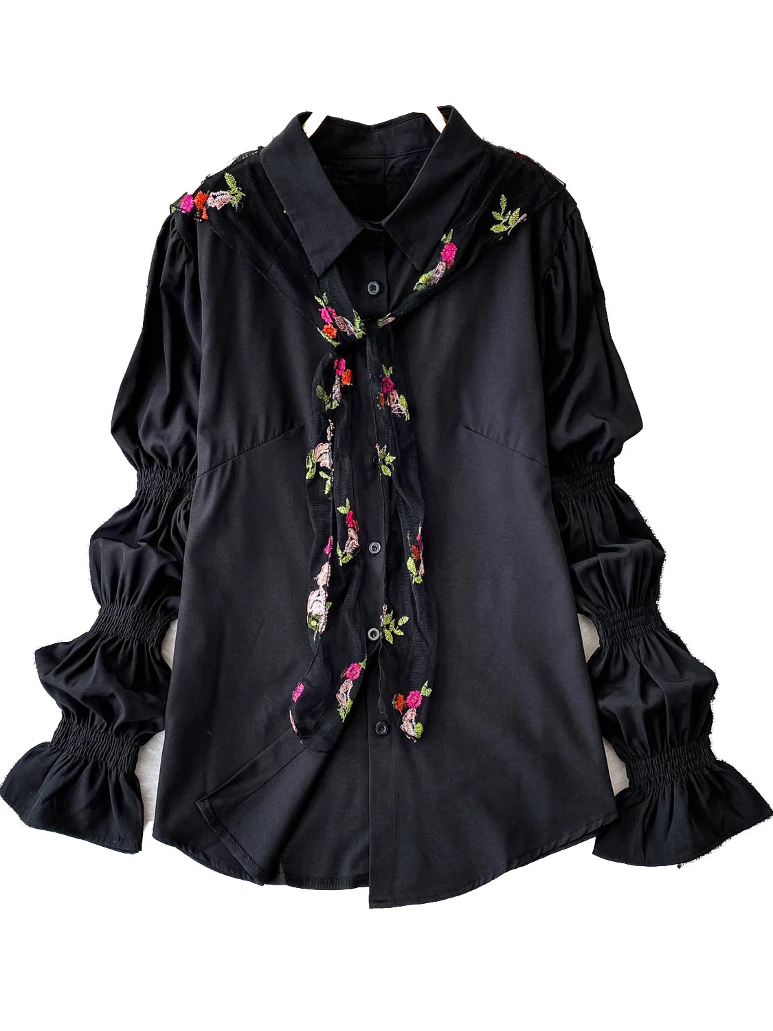 White Chiffon irt Women's Loose Slim Fit Lantern Sve Blouse Korean Sle Commute Faion Embroidered  Collar Top