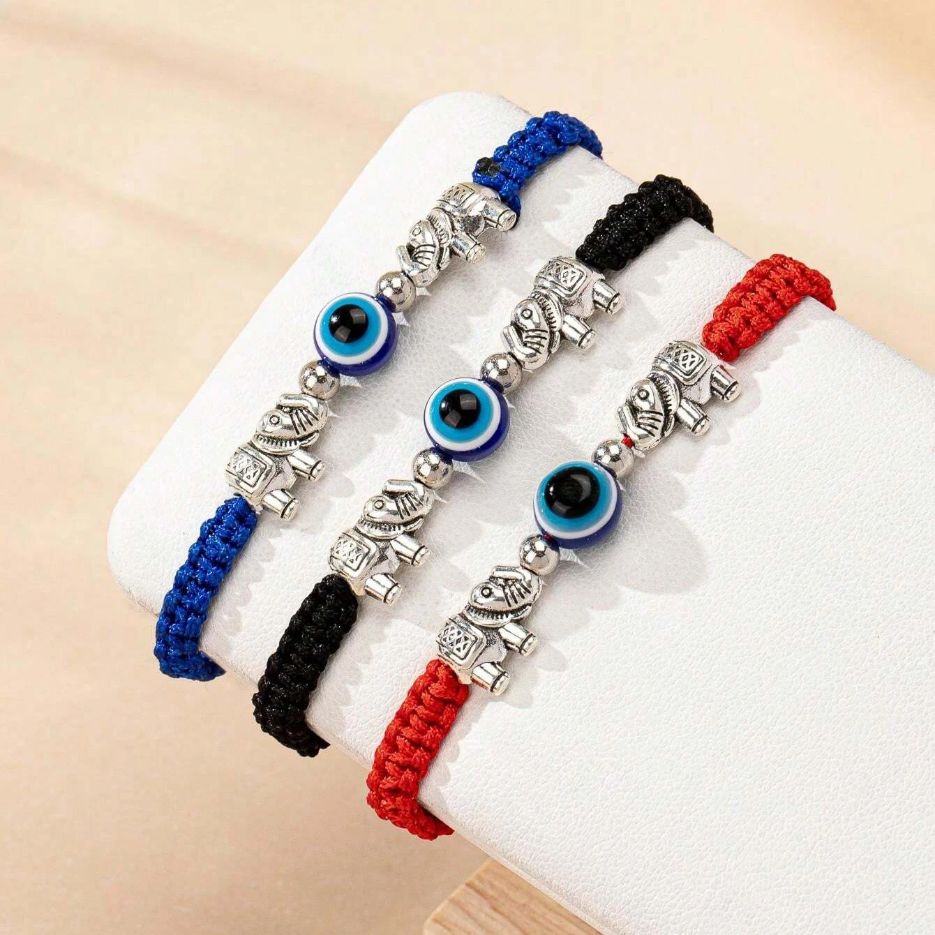 Zinc Alloy Elephant Nazar Evil Eye Lucky Charm Macrame Bracelet Women New Fashion Blue Black Red String Cord Handmade Jewelry