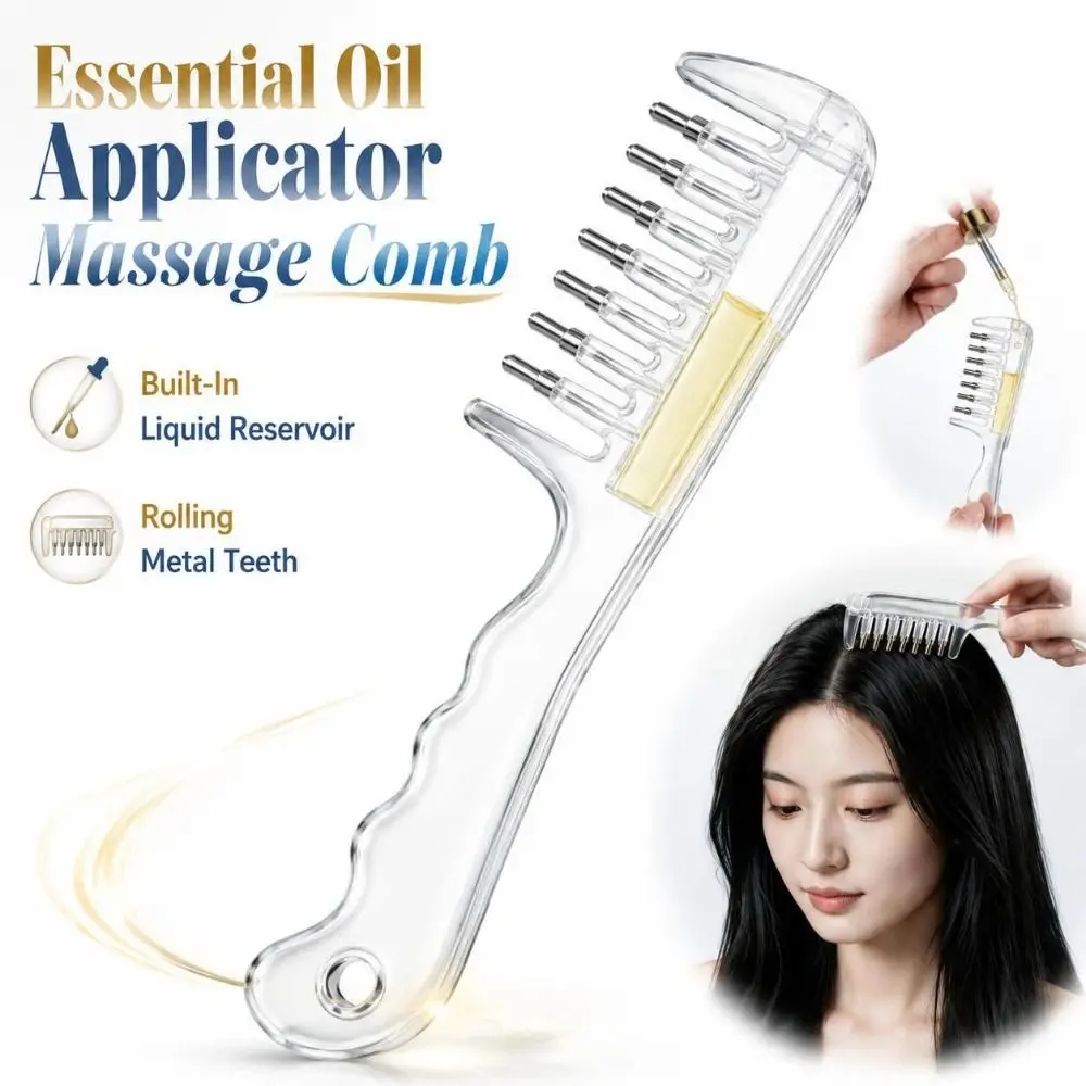 7-Tooth Essential Oil Applicator Massage Comb Rolling Metal Teeth Transparent Scalp Liquid Applicator Comb Precise Round Hole