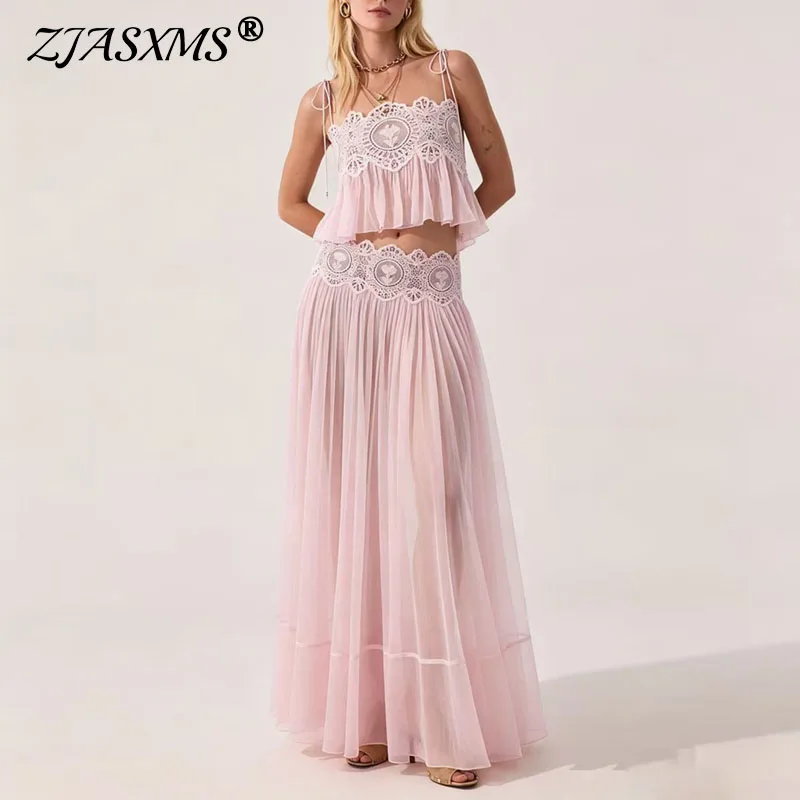 Women Lace Spaghetti Strap Crop Top Long Skirt Two Piece Set Sheer Mesh Ruffle Hem Skirt Suit Summer Beach Vacation Solid Outfit