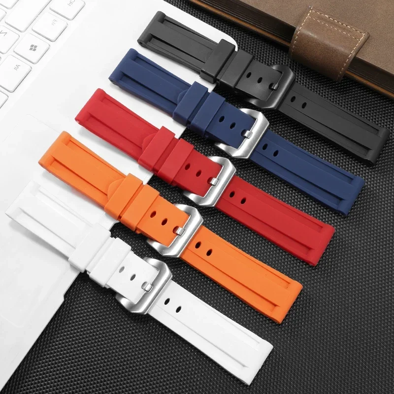 Watch Strap for Panerai Pure Color Natural Silicone Pam441 Diesel Suunto Solid Stainless Steel Black Buckle Accessories 24mm