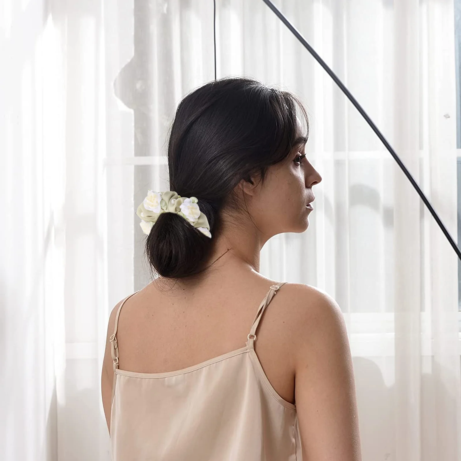 

2Pcs Hair Scrunchies Flower Elastic Hair Bands Soft Stretchy Floral Design Teal Buns Ponytail Holder