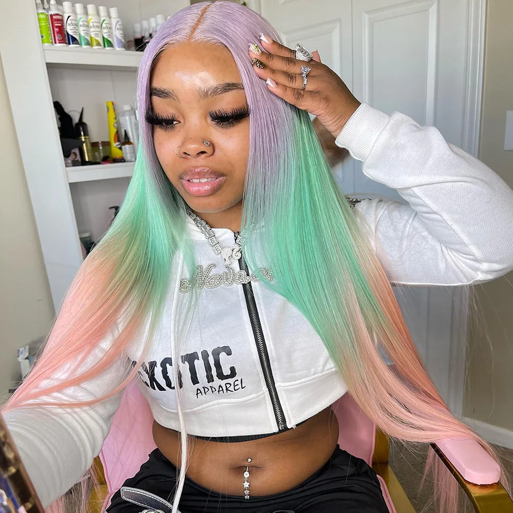 Linhua Purple Root Green Pink Colored 13x4 Transparent Lace Wig Preplucked Peruvian Straight Remy #613 13x6 Lace Frontal Wig