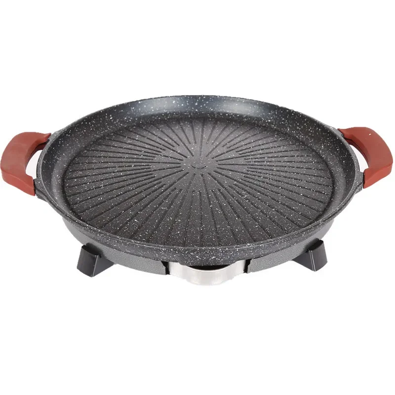 Electric BBQ Grill Pan Round Maifan Stone Coating Household Smokeless Barbecue Plate Korean Teppanyaki Cookware for Home