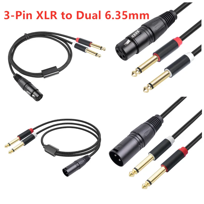 3-Pin XLR Female to Dual 6.35mm Mono Audio Cable TS 1/4 Jack Stereo Aux Cord 6.35 mm Plug to XLR Male Y Splitter Wire Adapter