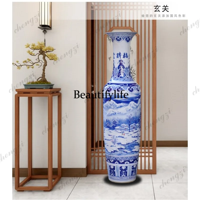 Jingdezhen ceramic hand-painted blue and white floor-to-ceiling large vase ornament, living room and study decoration