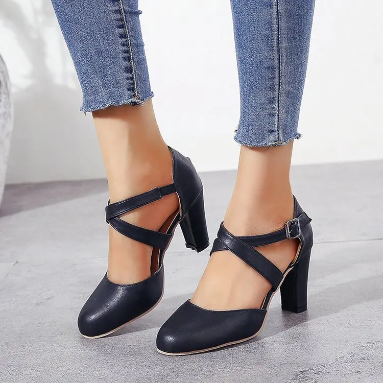 Women High Heels Shoes 2023 Autumn New Round Toe Chunky Heel Casual Platform Women\'s Shoes Female Belt Buckle