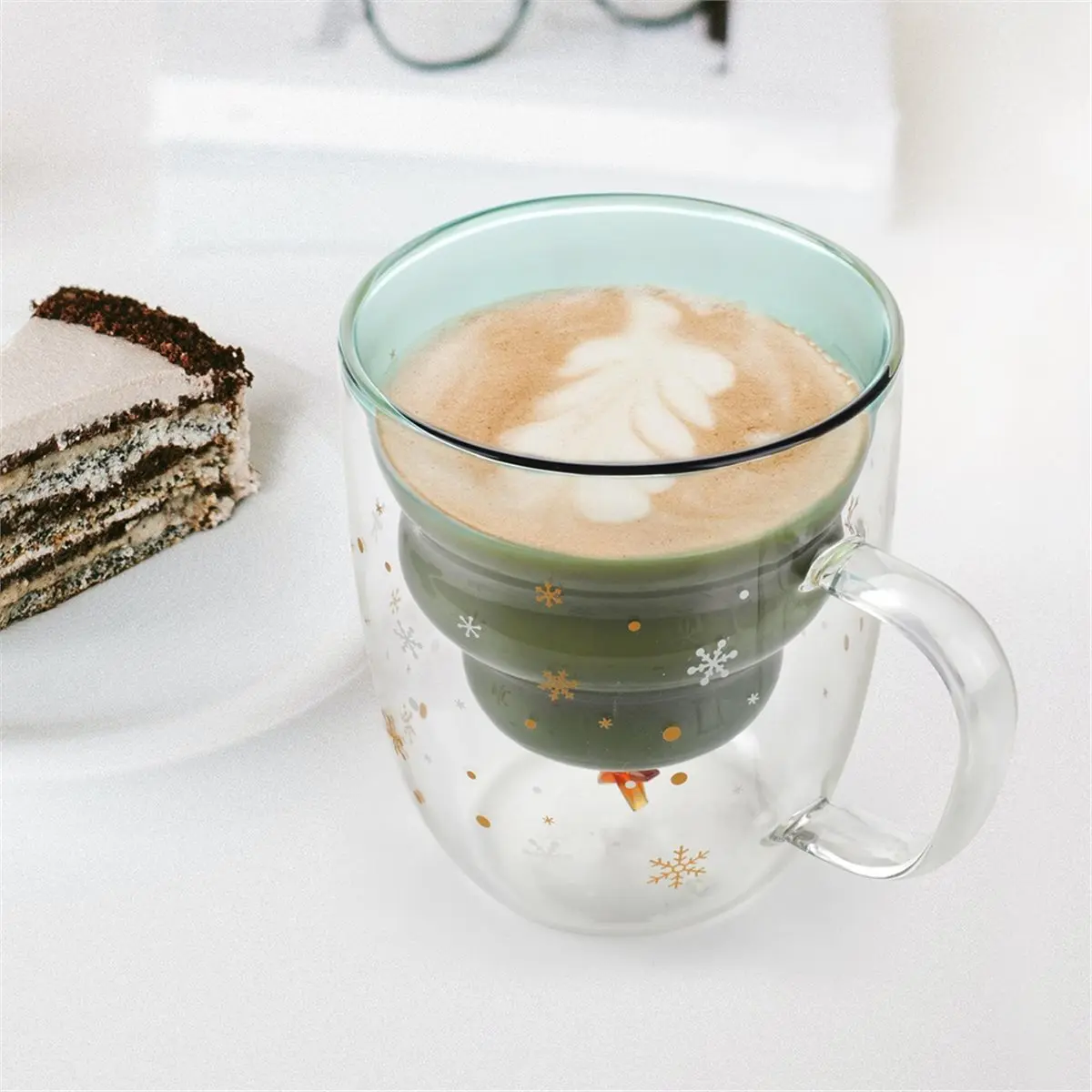 A67T NEW 2 Pack Christmas Mugs, Double Walled Borosilicate Christmas Mug Set with Snowflake Lid, 300ML Cute Mugs for Coffee