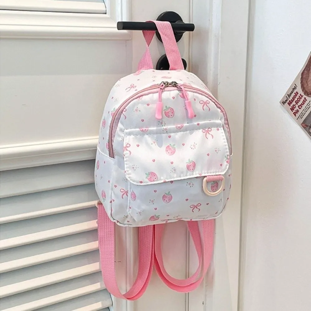 New Nylon Mini Shoulder Bag Strawberry Print Waterproof School Bag Large Capacity Soft Student Backpack For Girls
