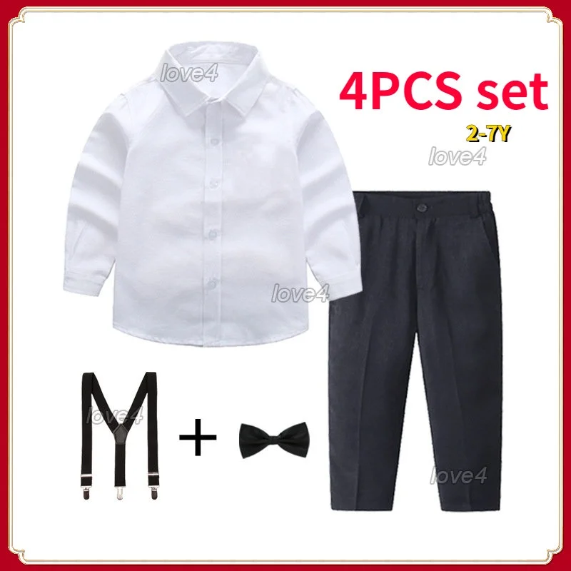 Gentlemen Boss Baby Suit White Polo Long Sleeve Shirt Black Pants Bow Tie Straps Children Performance Birthday Wedding  Apparel