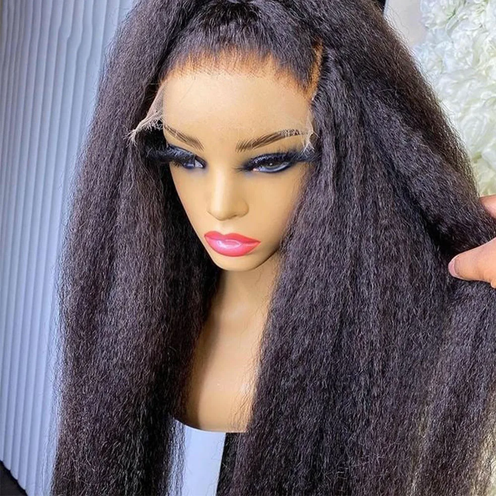 Glueless 26 Inch Long 180 Density Black Yaki Kinky Straight Deep Lace Front Wig For Women With BabyHair Preplucked Daily