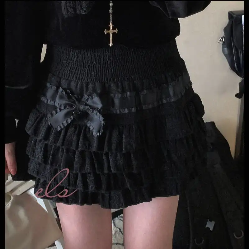 

Kawaii Tiered Mesh Ruffle A-line Skirt Women Lolita Mini Skirts Cute High Waist Bow Layered Hem Harajuku Korean Chic Skirts