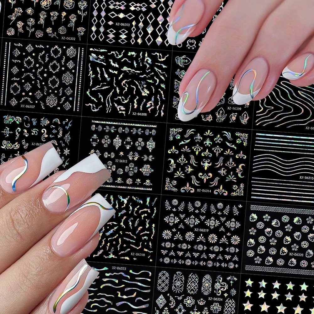 30Pcs Laser Silver French Line Flower Nail Art Stickers Self-Adhesive Elegant Geometric Retro Floral DIY Manicure, Salon Decals