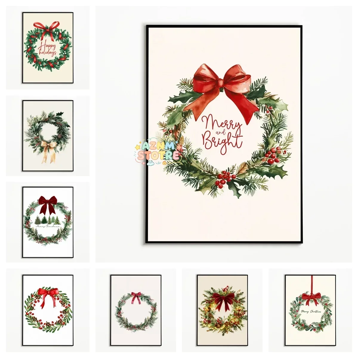 1PC Red Bow Christmas Wreath Poster Vintage Winter Plants Wall Art Merry Christmas Canvas Printing Holiday Gift Room Wall Dec