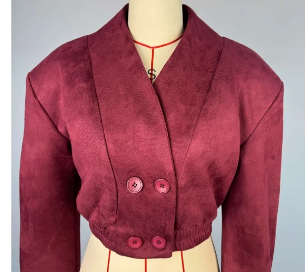 

Women's Clothing Wine Red Slimming V-neck Double Breasted Long Sleeved Short Jacket
