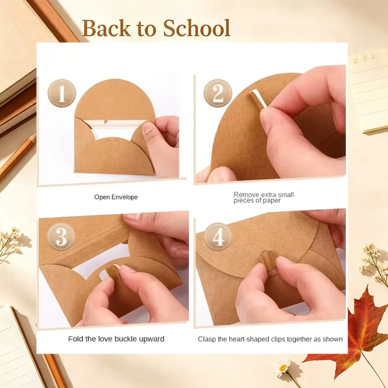 40setsof envelopes,agood gift for the start of school season,mini kraft paper envelopes,heart-shaped seals,heart-shaped patterns