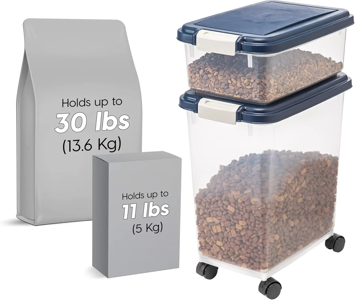 2-delige 41 lbs / 45 Qt luchtdichte opslagcontainer voor huisdierenvoeding, combo met traktatiedoos, stapelbaar, doorschijnend, eenvoudige mobiliteit, marineblauw