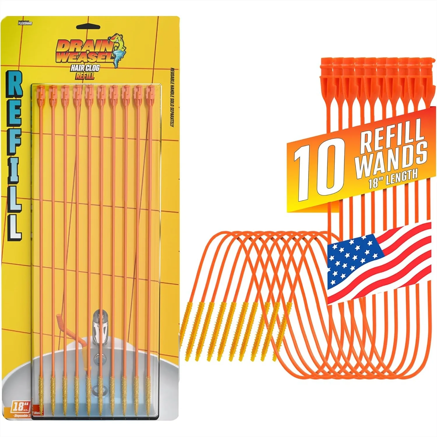 

Drain Weasel Refill 10 Pack - Sink Snake Hair Clog Remover, 18-Inch Flexible Disposable Wands for Bathroom and Bathtub Drain