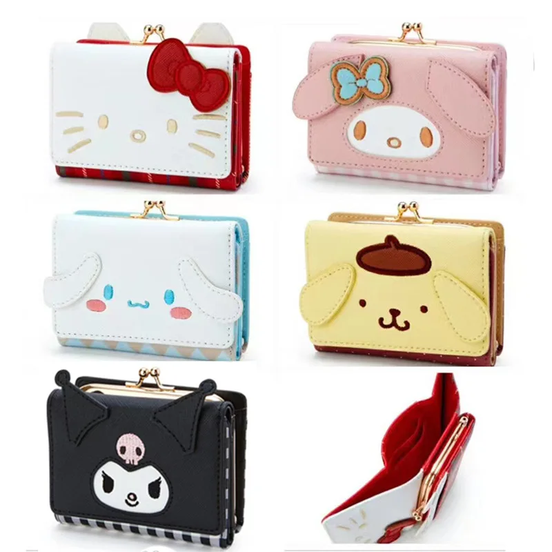 Sanrio Series Hello Kittle Peripheral Pu Wallet Leather Clip Buckle Hello Kittle Melody Kuromi Card Foreskin Clip Short Cartoon