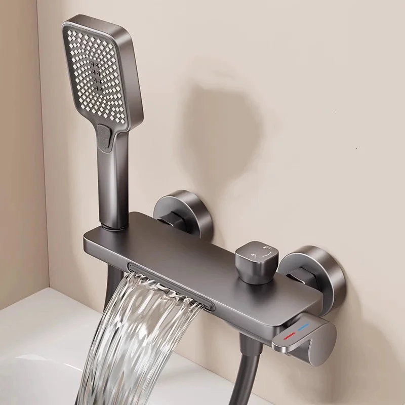 

Bathroom Waterfall Bathtub Faucet with Hand-held Shower Head Wall Mounted Hot and Cold Mixer Tap Shower Set Single Handle
