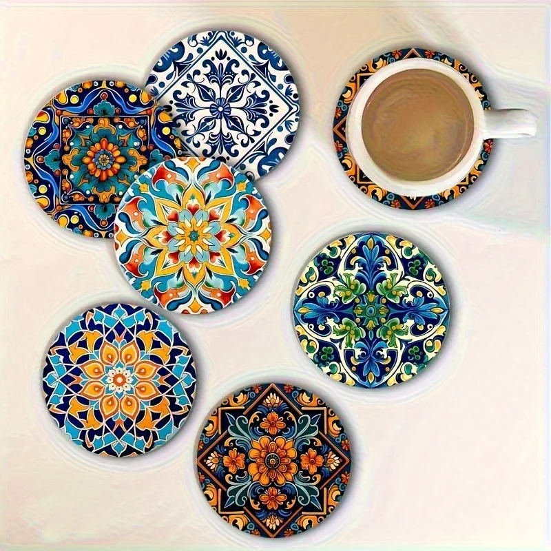 2D Vibrant Mandala Blossom Motif Wooden Cup Mat Surface Guard Dining Pub Cafe Tearoom Workplace Ornament Housewarming Gift