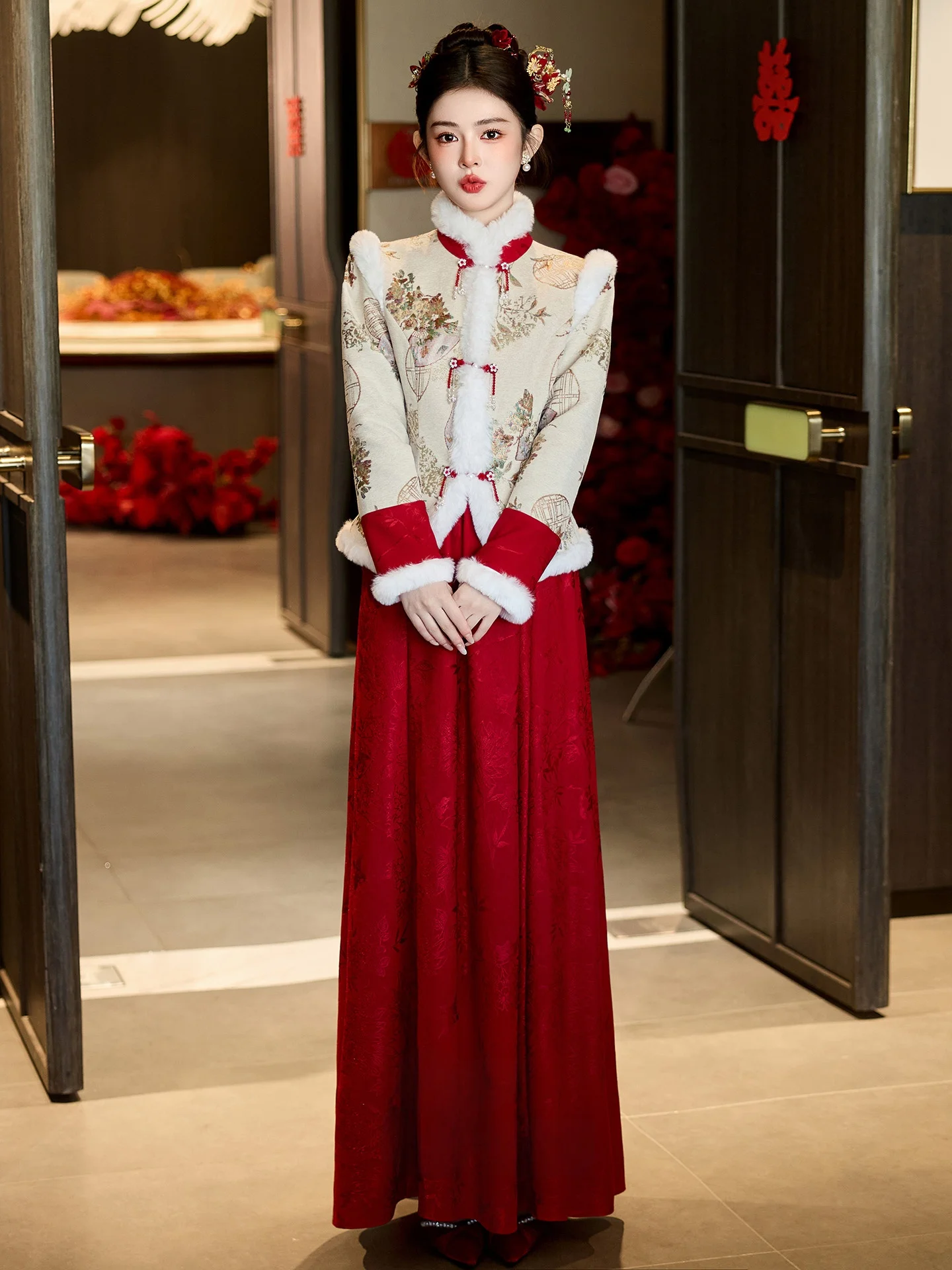 

Свадебное китайское хлопковое пальто с длинными рукавами для женщин, традиционный костюм для церемонии помолвки, Новый год 2025