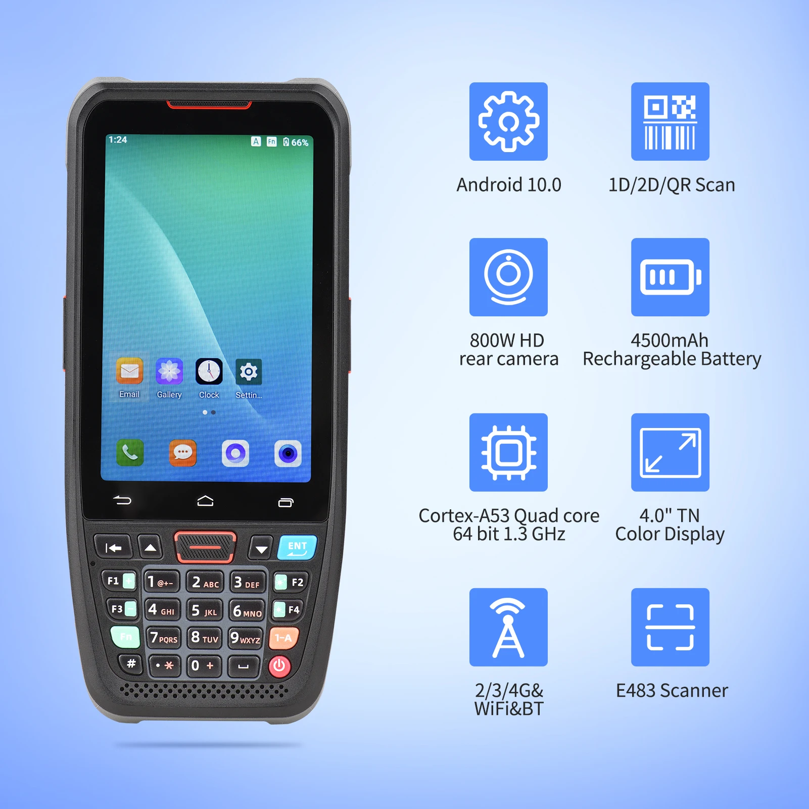 POS Portátil para Android 10.0 Terminal PDA Scanner de Código de Barras 1D/2D/QR Suporte a Comunicação 2/3/4G WiFi BT com Tela de 4.0 Polegadas