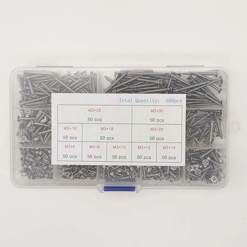 M3 Cross Flat Head Self Tapping Screw Assortment Kit Wood Thread Nail Screw Phillips Drive Countersunk Head 304 Stainless Steel