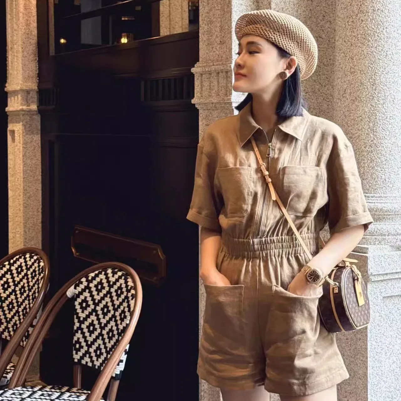 Traje de una Pieza de Lino Puro para Mujer, Cintura Ajustada, Versátil, Clásico, Conjunto de Moda de Verano, Seleccionado por Estilistas para Mujeres Maduras