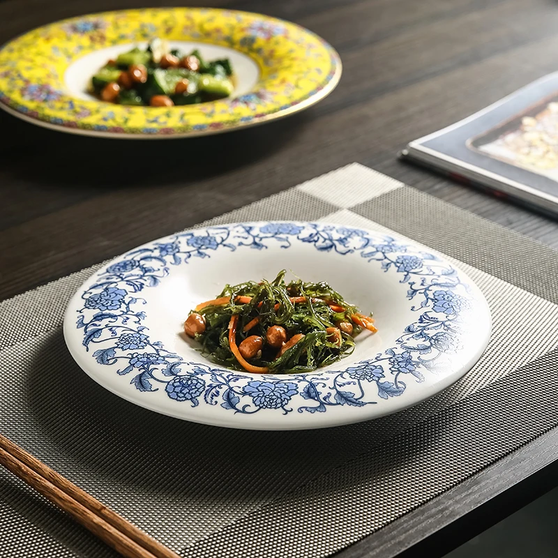 

Vintage Royal Blue Floral Porcelain Soup Bowl Elegant Plating Dish for Home & Restaurant Use - Round Individual Serving Plate