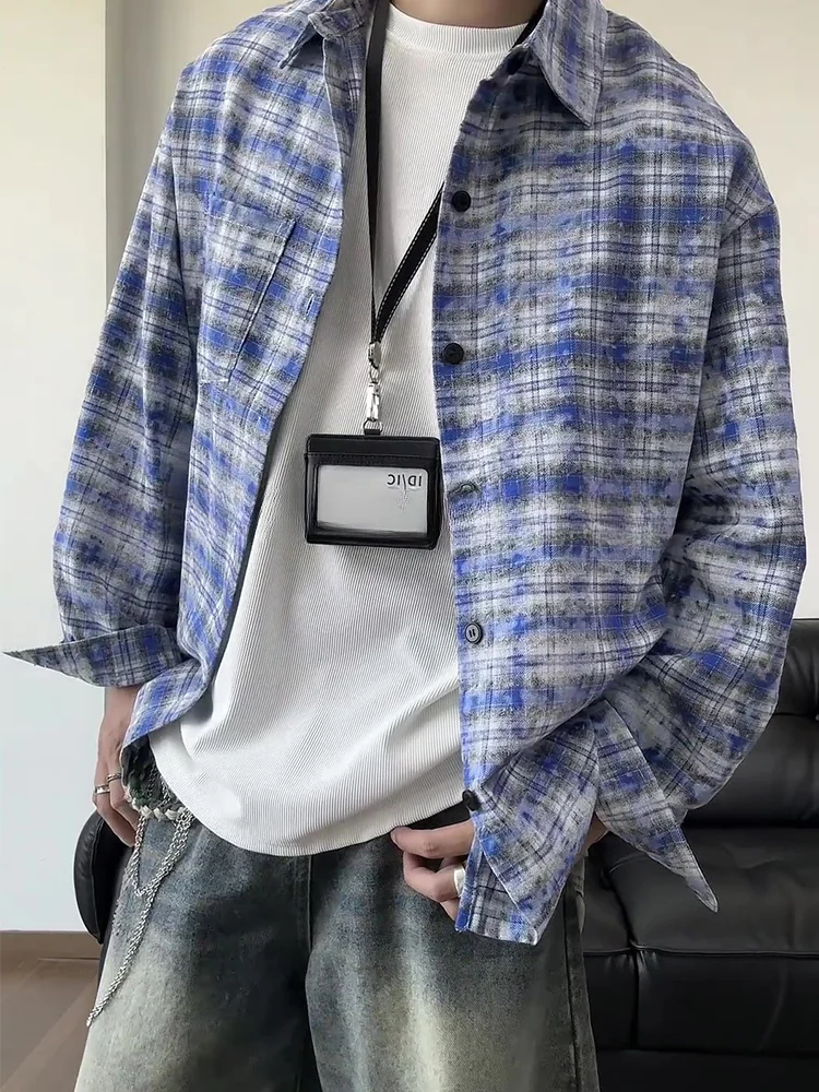 

Blue American Dyed Plaid Long Sve irt Men's Autumn High Street Trendy Couple Outerwear Casual Sle Stand Fit irt