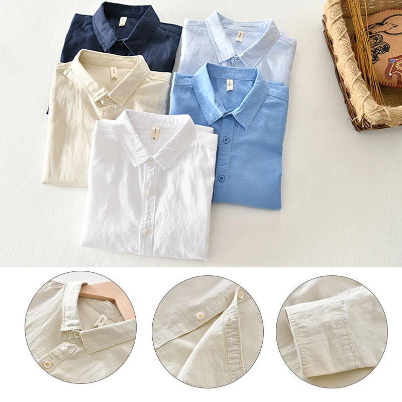 75% Cotton 25% Linen Men\'s Solid Color Shirt 2024 Cotton and Linen Casual Long Sleeve Shirt Coat，High-quality Long-sleeve Shirt