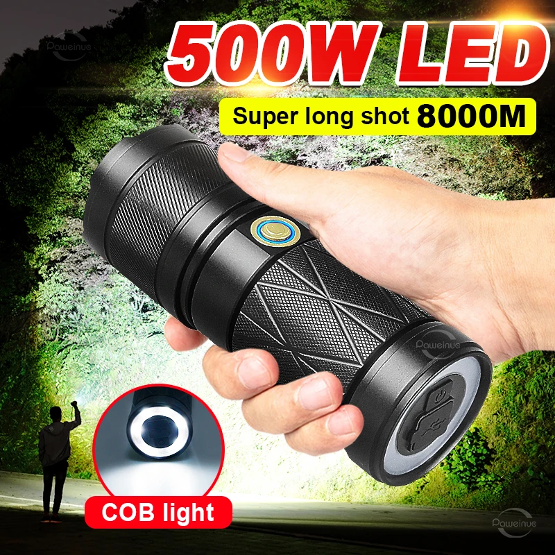 Super Bright Rechargeable Flashlight High Power LED Flashlight 18650 Waterproof Usb Most Powerful Torch Light with COB Lamp