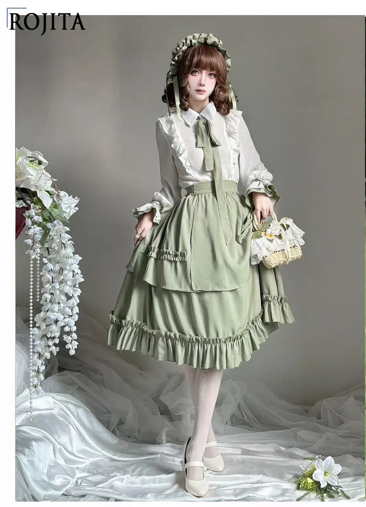 

Винтажный комплект в стиле кантри: блузка и юбка в стиле сладкой Лолиты, мятный цвет, весенне-осенний элегантный костюм для женщин.