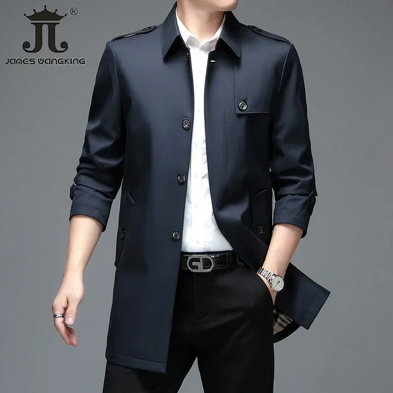 2023 New Spring Autumn Mens Long Solid Color Trench Coats Superior Quality Buttons Male Fashion Outerwear Jackets Windbreaker