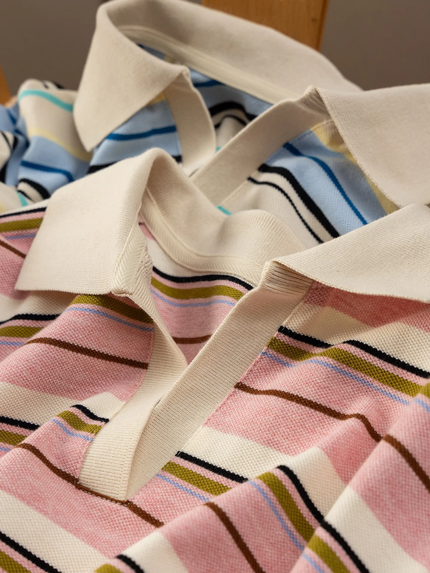 Classic T Shirt, French  Loose Contrast Color Striped Pearl Cotton Polo Neck Short Sleeve T-Shirt Women 38W7