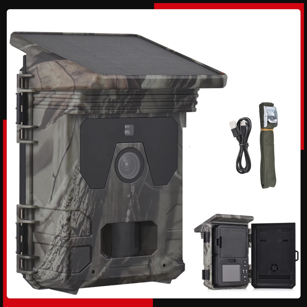 Solar Powered Night Vision Trail Camera 50MP 4K IP65 Waterproof Hunting Cameras 0.3s Trigger Time Trail Camera for Wildlife