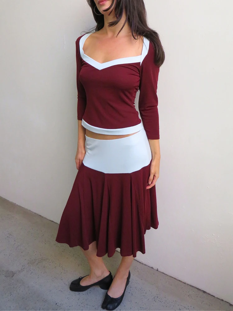 Sibybo Contrast Color Patchwork Woman Two Piece Set Summer Long Sleeve Crop Top and Low Waist Pleated Midi Skirt Y2K Streetwear
