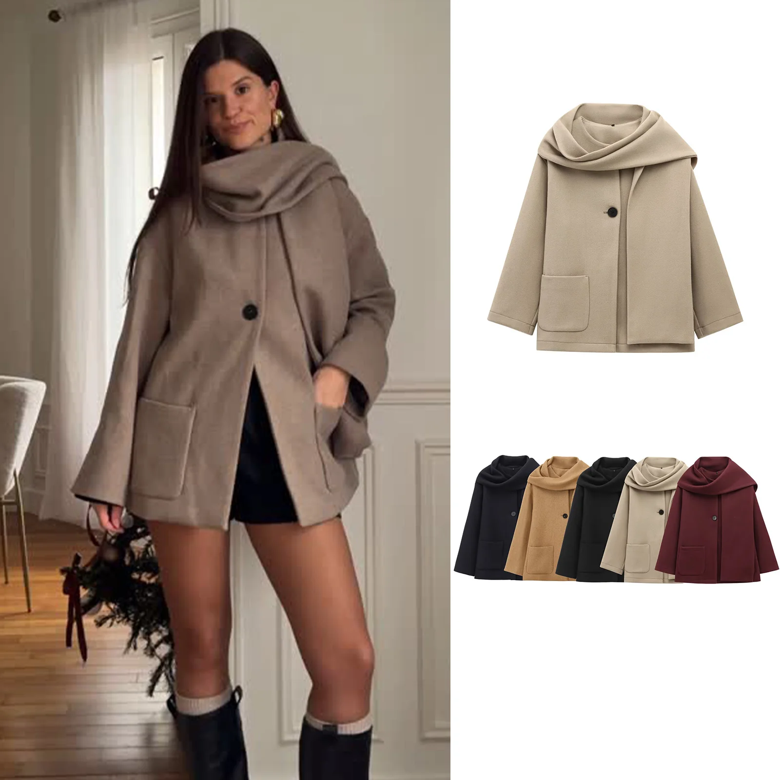

Зимнее бежевое короткое пальто для женщин, модный шарф с воротником, кардиган средней длины, женские большие карманы, женская верхняя одежда, High Street
