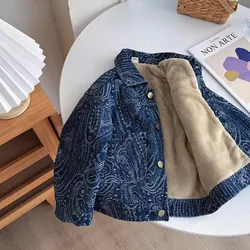 Boy Denim Fleece Jacket 2024 New Autumn and Winter Padded Top Handsome Winter Jacket Cashew Nut Flower Child Interest