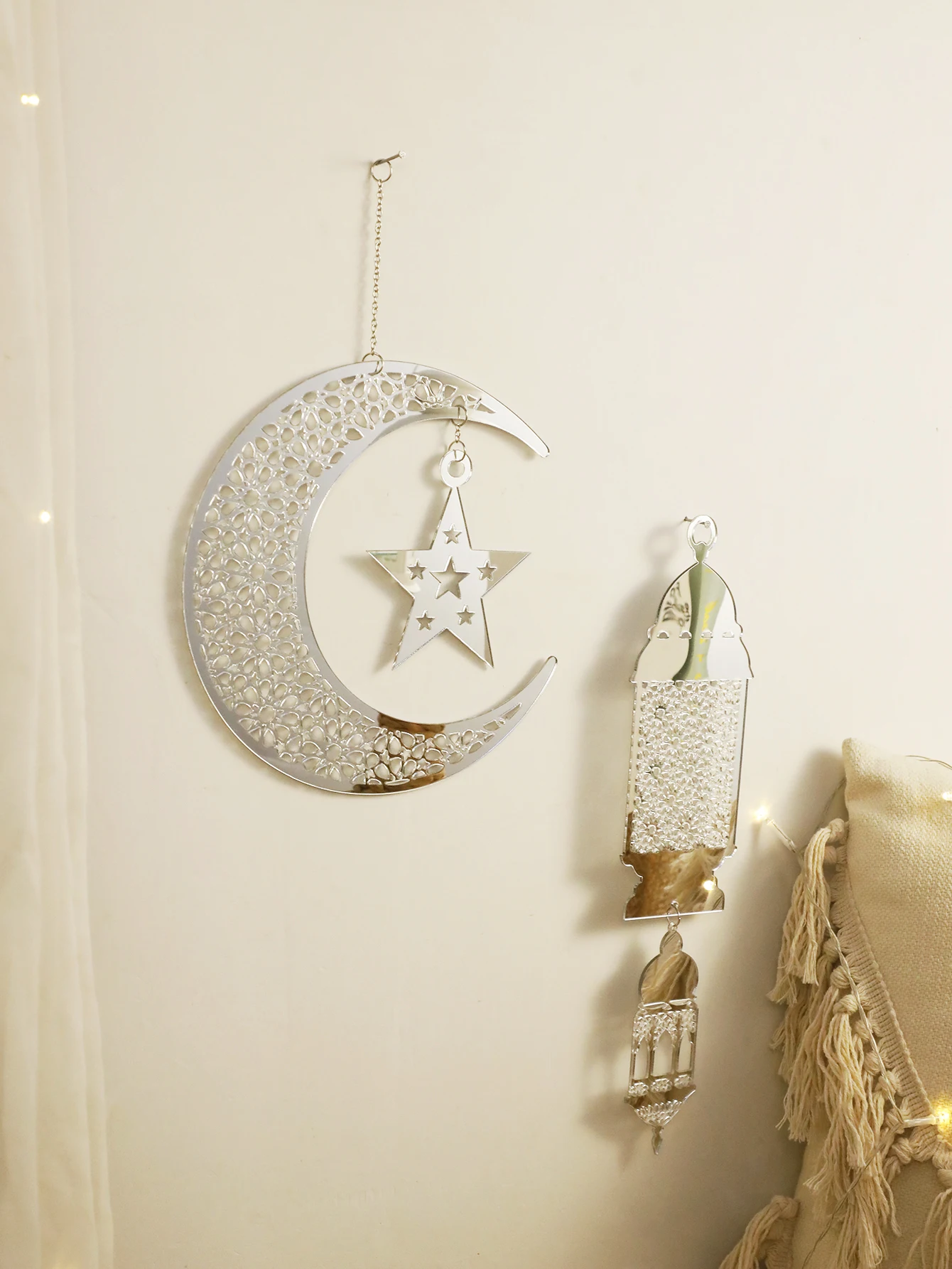 Silver Ramadan Acrylic Moon Hanging Ornaments with Hollow Mesh Star，Eid Mubarak Muslim Decor，Lanterns Wall Decor，Ramadan Kareem