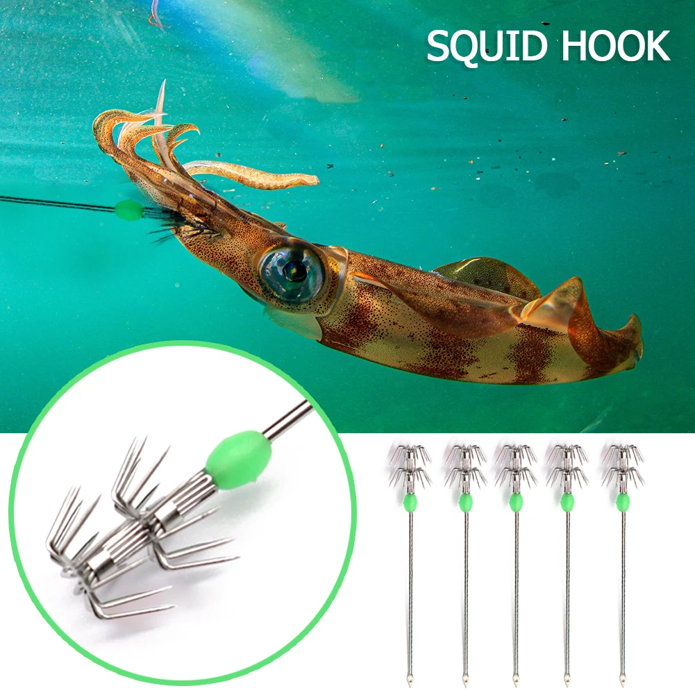 10pcs Double-Layer Umbrella Squid Hooks Stainless Steel Glow in Dark Fishhooks Octopus Cuttlefish Fishing Jig Hooks