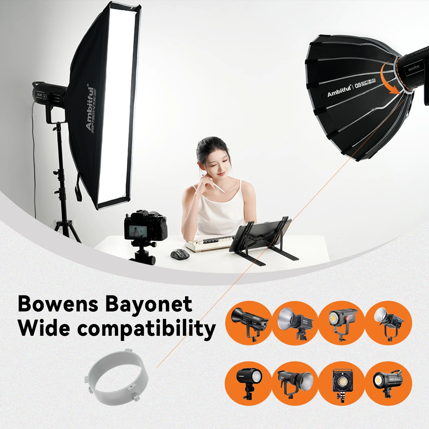 AMBITFUL Q9 60cm 90cm 120cm Bowens Mount Parabolic Softbox Deep Quick Set-up Softbox With Grid for Godox